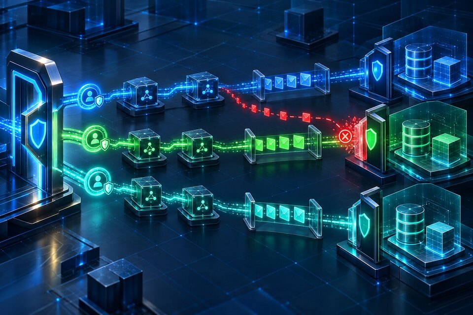 Conceptual SaaS security architecture with a verified tenant context flowing through isolated API, service, queue and database lanes while a cross-tenant request is blocked.