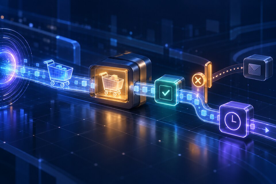 Original conceptual illustration of a shopping-cart event moving through a durable inbox, state check and stop gate before an external message provider; not a real Salla interface.
