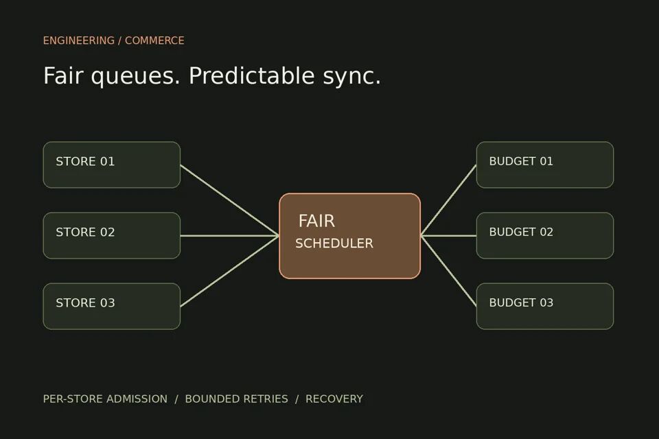 Architecture diagram showing three store queues sharing a fair scheduler before separate API budgets.