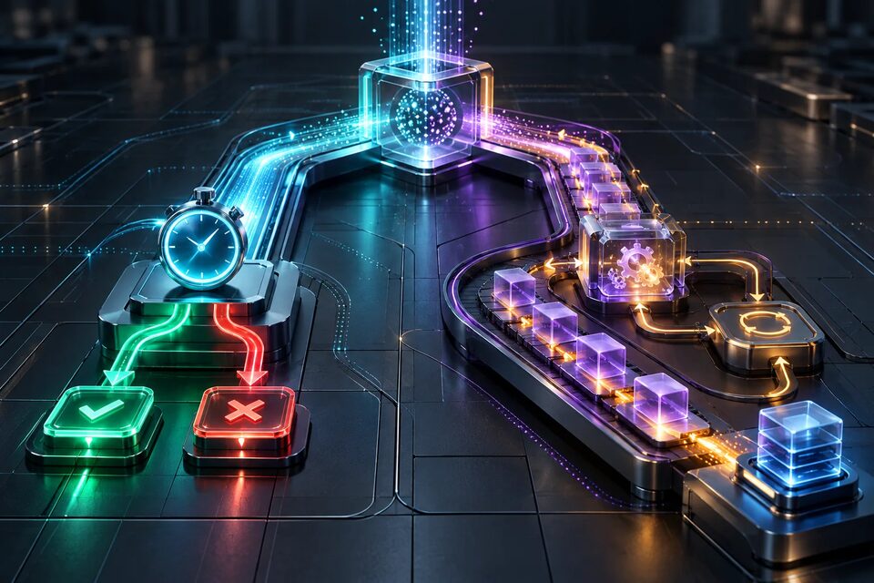 Original conceptual illustration of one commerce event splitting into a fast accept-or-reject lane and a queued background-processing lane; not Salla infrastructure.