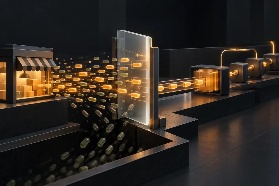 Original conceptual illustration of a storefront event stream passing through a selective filter into a durable queue; not Salla's internal architecture.