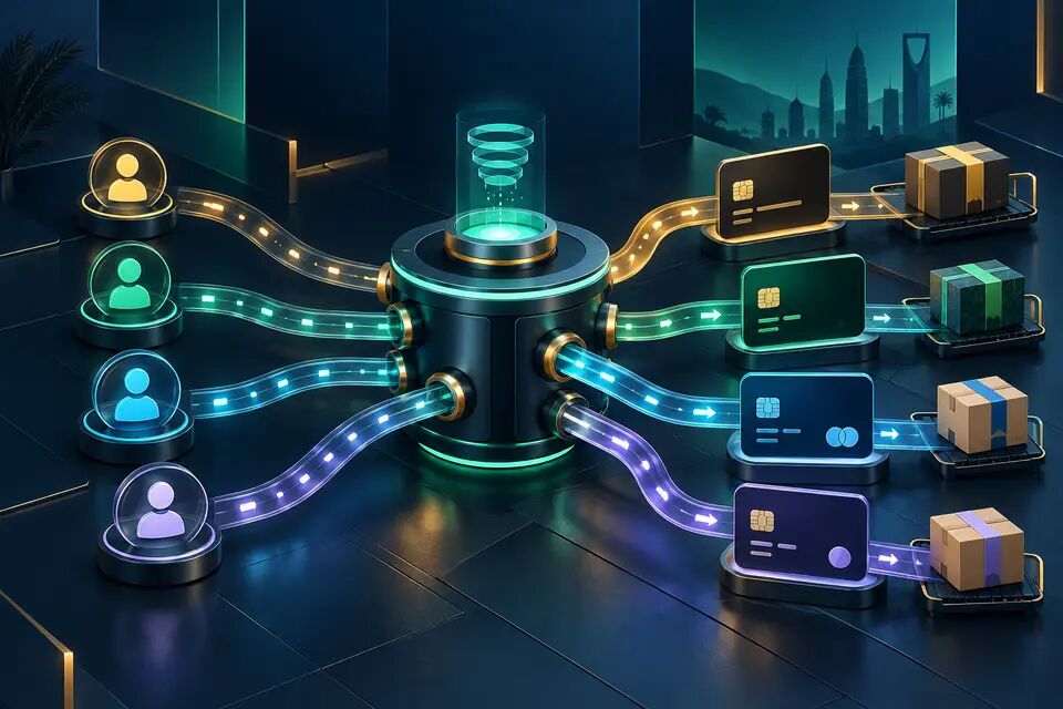 Original conceptual illustration of anonymous customer segments passing through a policy router toward different payment cards and shipping parcels; not a Salla interface or evidence of a real deployment.
