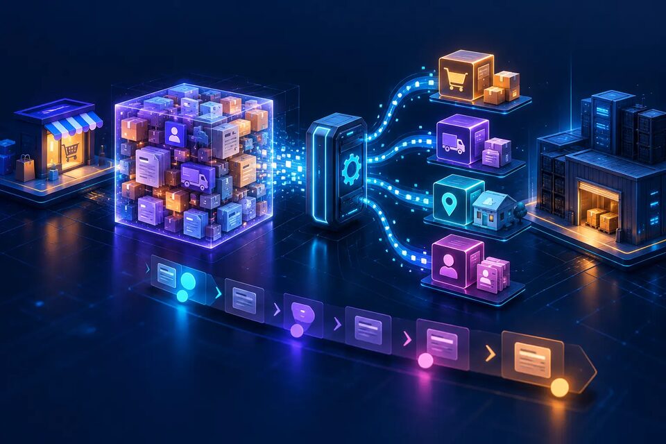 Original conceptual illustration of a large ecommerce order payload splitting into smaller order, shipment, branch and customer modules; not Salla infrastructure.