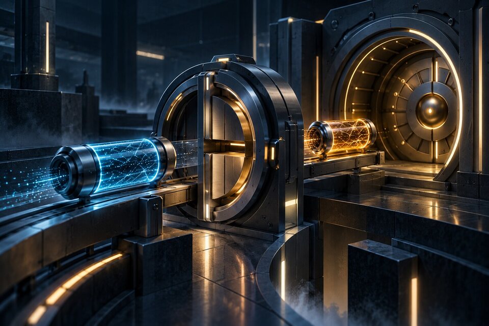 Conceptual security illustration of one rotating OAuth token passing through a guarded single-flight gate into encrypted storage.
