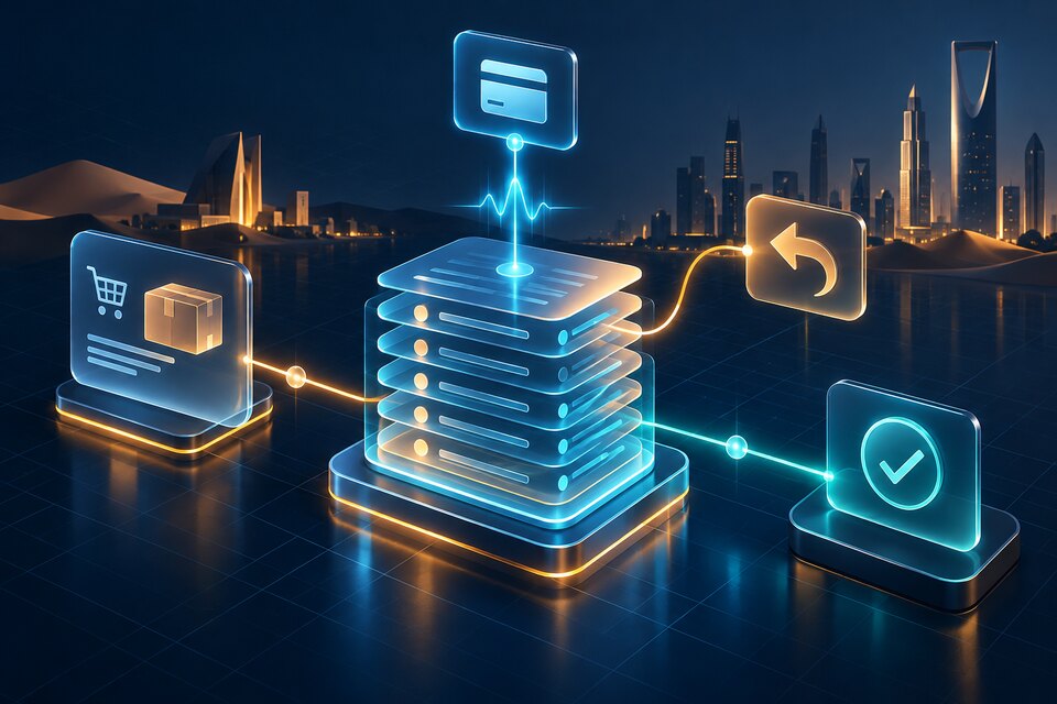 Original conceptual illustration of an e-commerce order, payment transaction ledger, refund path and reconciliation checkpoint; not a real Salla interface.
