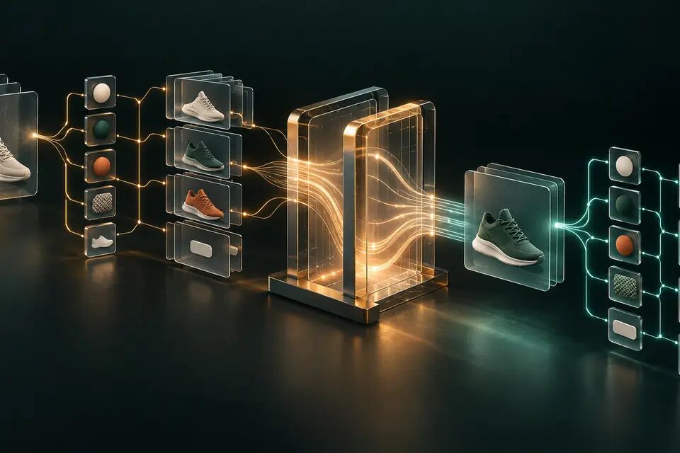 Original conceptual illustration of an ecommerce product variant graph passing through a controlled migration gate; not a real Salla interface.