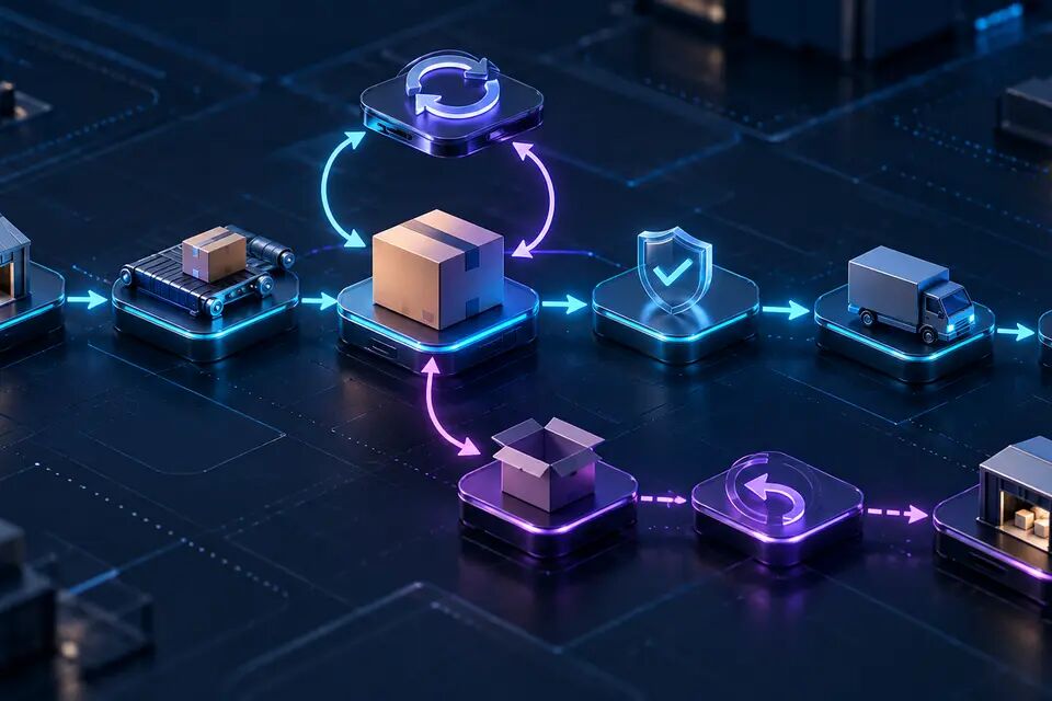 Original conceptual illustration of a parcel moving through delivery, retry, reconciliation and return paths; not a real Salla interface or event image.
