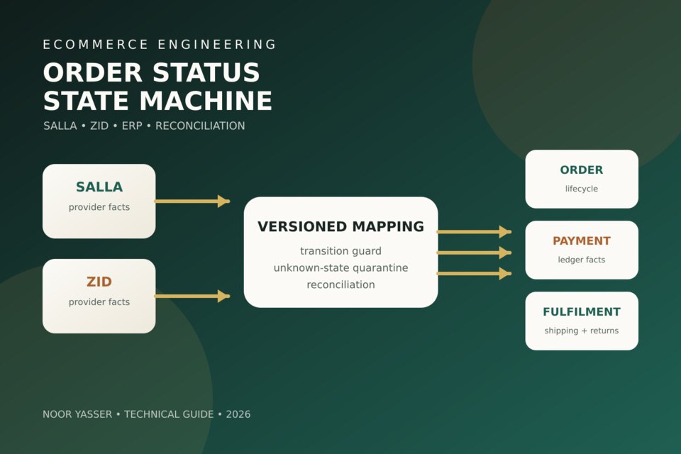 رسم تقني أصلي يوضح دخول حالات سلة وزد إلى State Machine موحدة مع مسارات مستقلة للدفع والتنفيذ والإرجاع؛ وليس لوحة إنتاج.