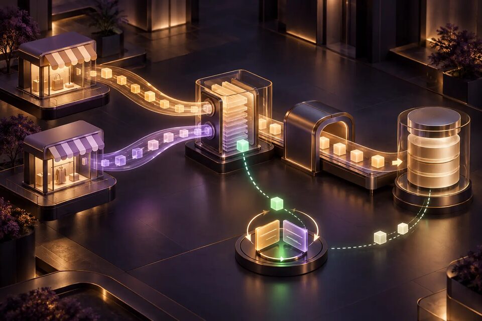 Original conceptual illustration of two storefront event streams entering a durable inbox and reconciliation loop; not a platform infrastructure diagram.