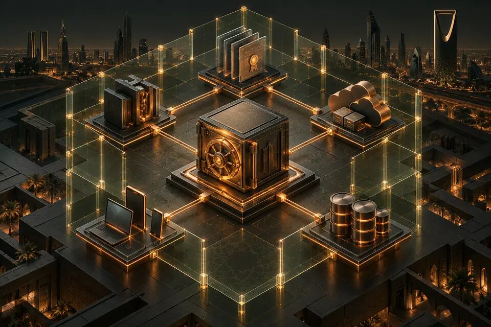 Original conceptual illustration of a cryptographic key vault connected to certificates, APIs, databases, cloud services and endpoint systems inside layered protection.