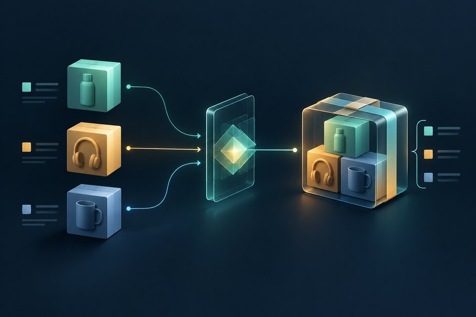 Conceptual illustration of three product packages passing through a deterministic transformation gate and becoming one grouped Shopify bundle; not a real Shopify interface.