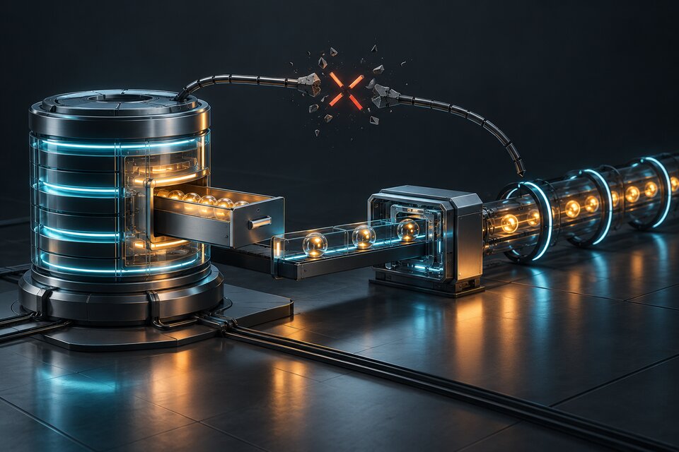Conceptual editorial illustration of a database committing to an internal outbox while a separate relay publishes events, bypassing a broken direct dual-write path; not a product interface.