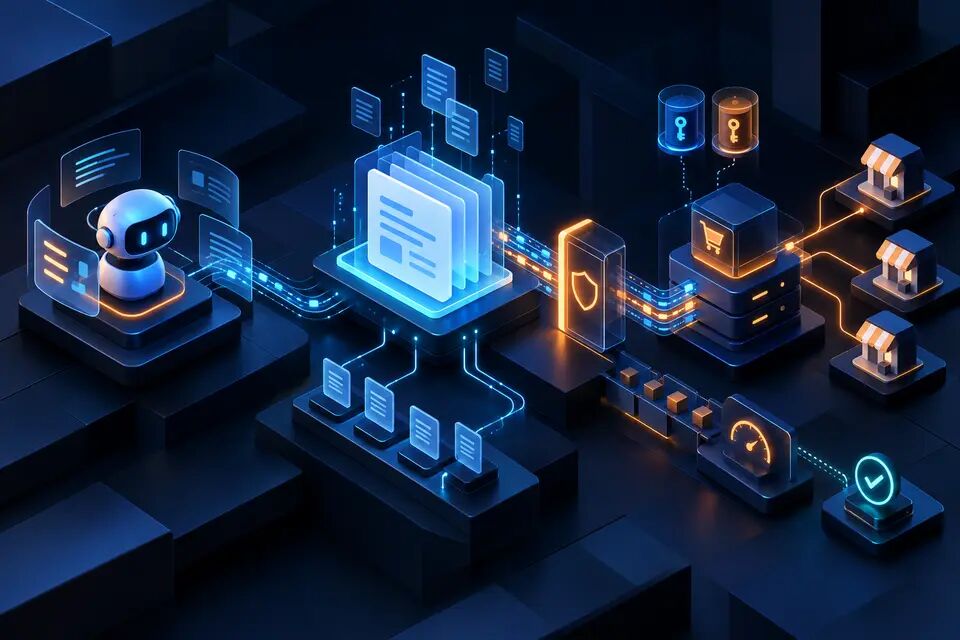 Original conceptual illustration of an AI coding agent retrieving Zid documentation through a controlled context layer, passing an OAuth boundary and reaching merchant APIs; not a real Zid interface.