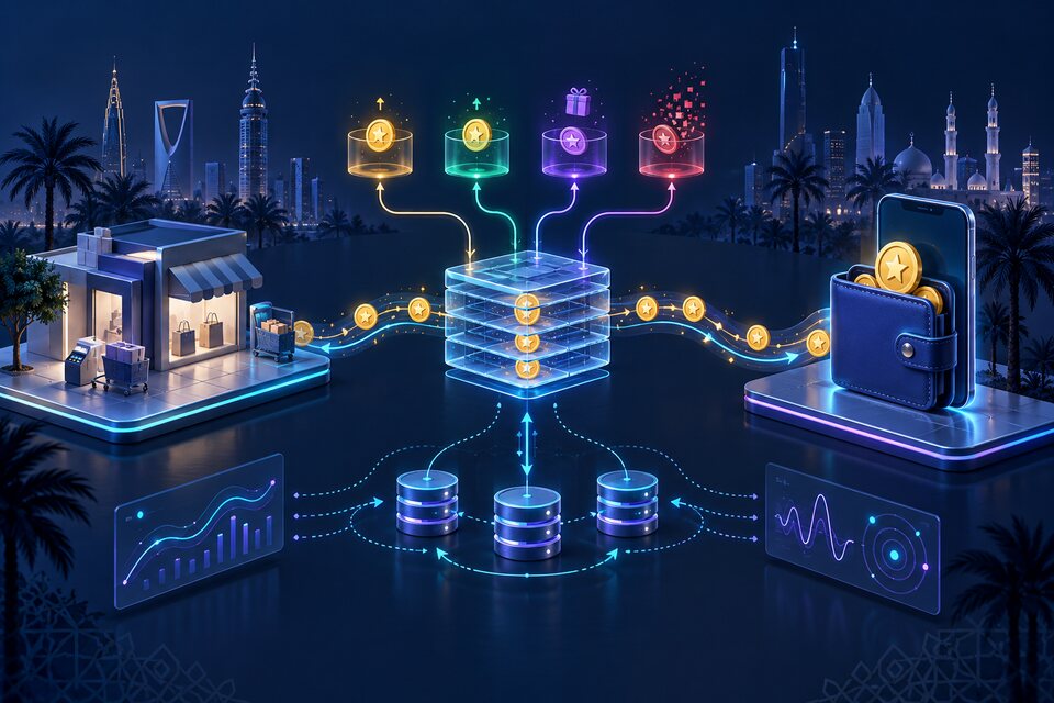 Original conceptual illustration of loyalty points flowing from a Saudi online store through a transaction ledger into pending, available, redeemed and expired states; not a real platform screenshot.