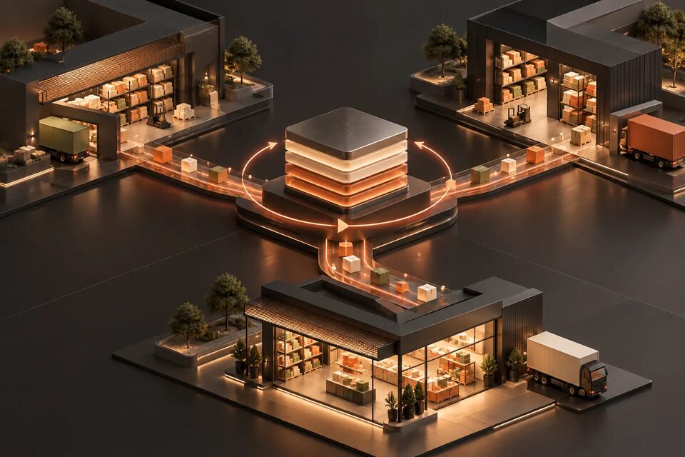 Original conceptual illustration of three warehouses connected to a durable central inventory ledger; not Zid's internal infrastructure.
