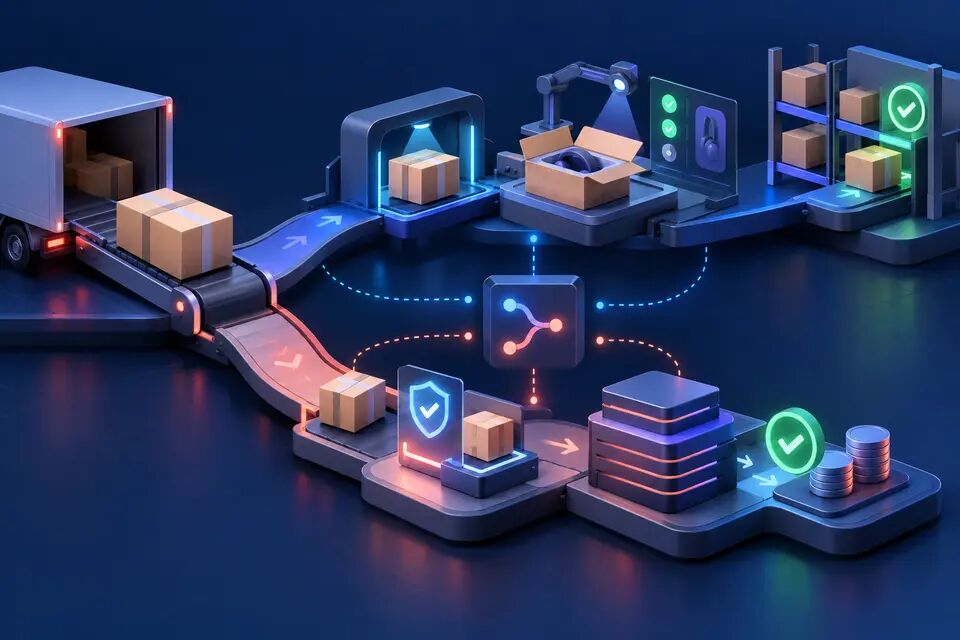 Original conceptual illustration of an ecommerce return splitting into physical inspection and financial refund paths that reconcile before completion; not a real Zid interface.