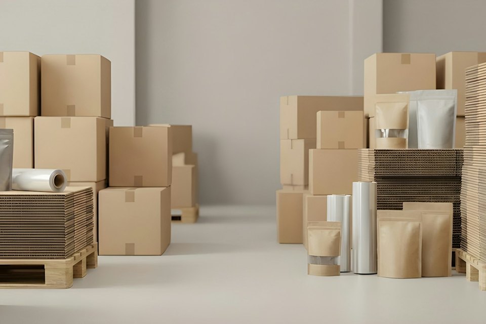 Cardboard shipping boxes and packaging supplies arranged inside a warehouse.