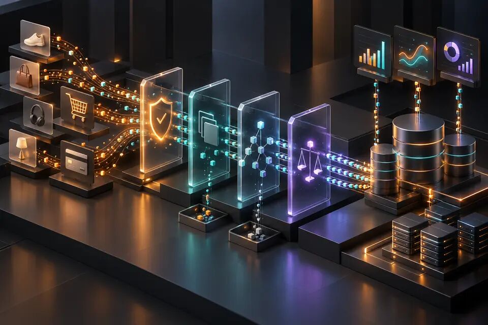 Original conceptual illustration of storefront product, cart and purchase signals passing through validation and deduplication gates into analytics storage; not a real Zid interface.